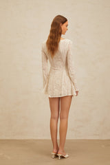 Callie Mini Dress - Scoop Neck - Long Sleeves - Floral Jacquard - Flared Skirt - Crochet Knit