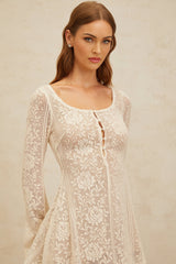 Callie Mini Dress - Scoop Neck - Long Sleeves - Floral Jacquard - Flared Skirt - Crochet Knit