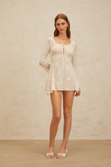 Callie Mini Dress - Scoop Neck - Long Sleeves - Floral Jacquard - Flared Skirt - Crochet Knit