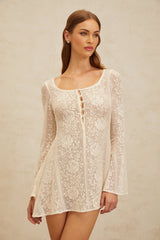 Callie Mini Dress - Scoop Neck - Long Sleeves - Floral Jacquard - Flared Skirt - Crochet Knit