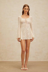 Callie Mini Dress - Scoop Neck - Long Sleeves - Floral Jacquard - Flared Skirt - Crochet Knit