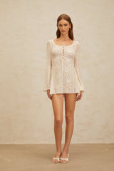 Callie Mini Dress - Scoop Neck - Long Sleeves - Floral Jacquard - Flared Skirt - Crochet Knit