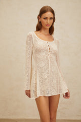 Callie Mini Dress - Scoop Neck - Long Sleeves - Floral Jacquard - Flared Skirt - Crochet Knit