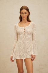 Callie Mini Dress - Scoop Neck - Long Sleeves - Floral Jacquard - Flared Skirt - Crochet Knit