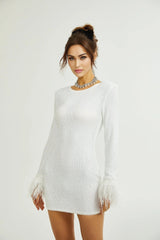 Callie Round Neck Mini Dress – Feather Cuffs – Sequin Embellished – Long Sleeves – Tailored Fit