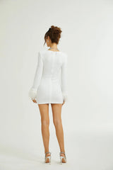 Callie Round Neck Mini Dress – Feather Cuffs – Sequin Embellished – Long Sleeves – Tailored Fit