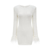 Callie Round Neck Mini Dress – Feather Cuffs – Sequin Embellished – Long Sleeves – Tailored Fit