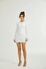 Callie Round Neck Mini Dress – Feather Cuffs – Sequin Embellished – Long Sleeves – Tailored Fit