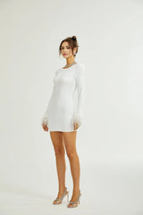 Callie Round Neck Mini Dress – Feather Cuffs – Sequin Embellished – Long Sleeves – Tailored Fit