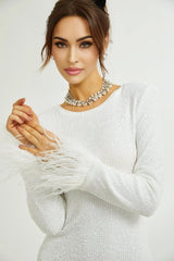Callie Round Neck Mini Dress – Feather Cuffs – Sequin Embellished – Long Sleeves – Tailored Fit