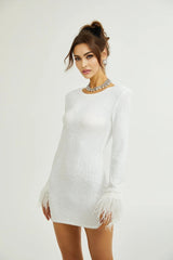 Callie Round Neck Mini Dress – Feather Cuffs – Sequin Embellished – Long Sleeves – Tailored Fit