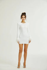 Callie Round Neck Mini Dress – Feather Cuffs – Sequin Embellished – Long Sleeves – Tailored Fit