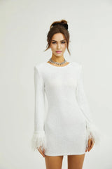 Callie Round Neck Mini Dress – Feather Cuffs – Sequin Embellished – Long Sleeves – Tailored Fit