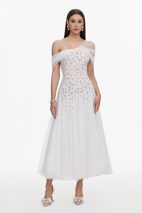 Callie White Lace Off-Shoulder Maxi Dress for Weddings and Special Occasions
