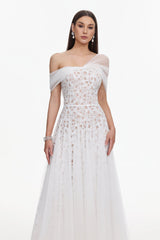 Callie White Lace Off-Shoulder Maxi Dress for Weddings and Special Occasions