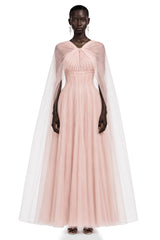 Calliope Pink Ruched Lace Maxi Dress with Cape