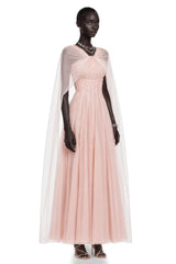Calliope Pink Ruched Lace Maxi Dress with Cape
