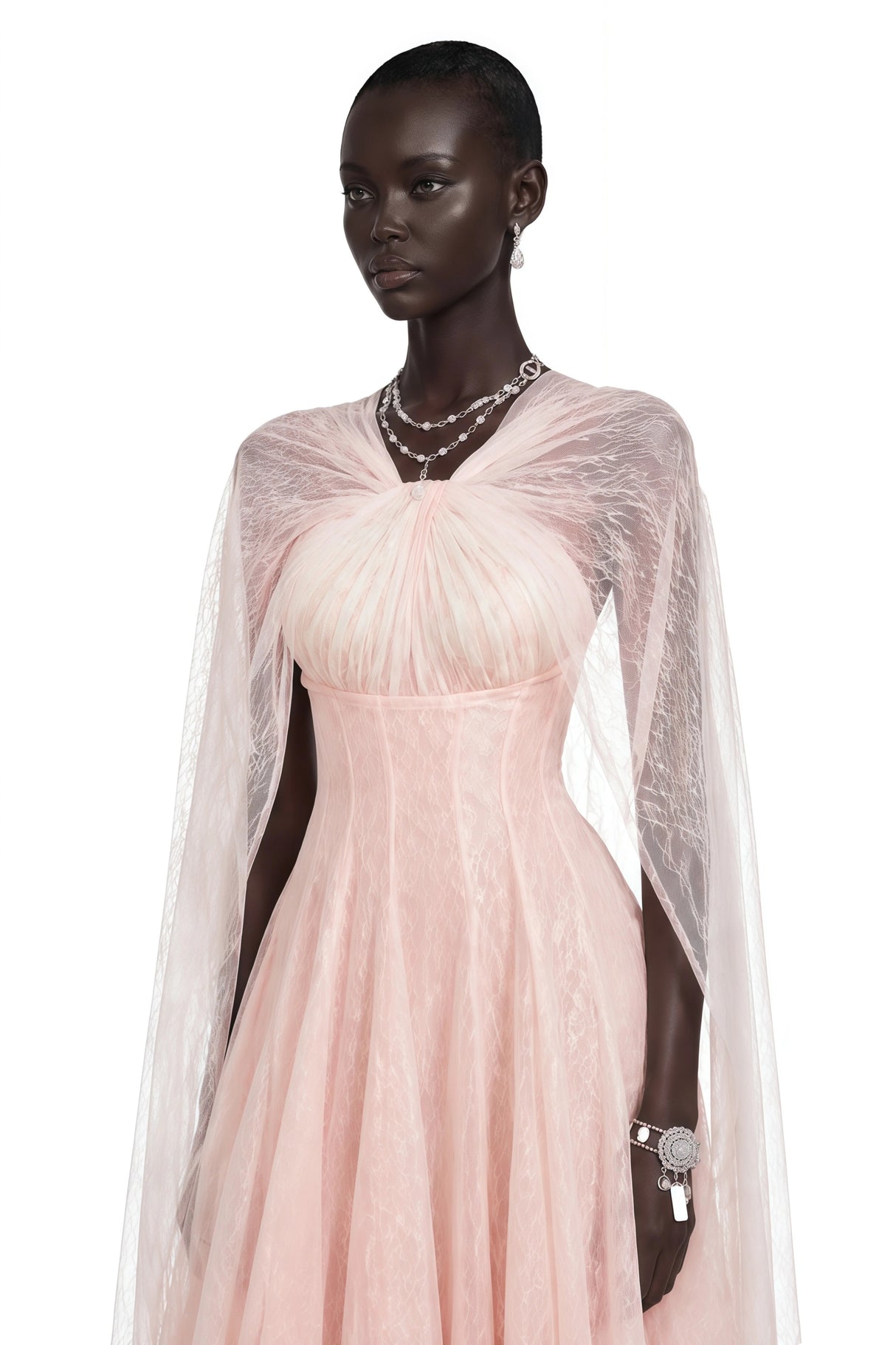 Calliope Pink Ruched Lace Maxi Dress with Cape