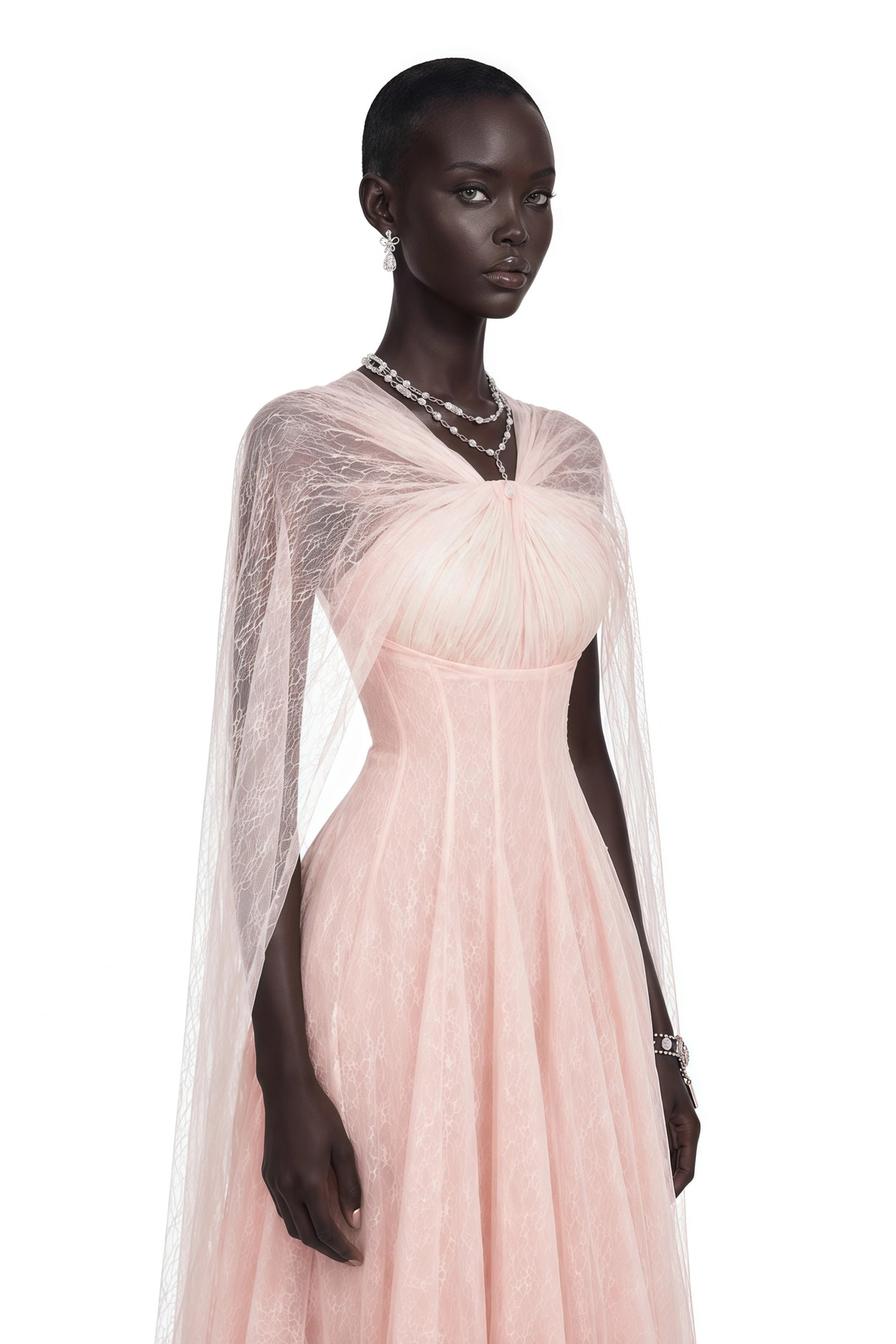 Calliope Pink Ruched Lace Maxi Dress with Cape