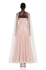 Calliope Pink Ruched Lace Maxi Dress with Cape