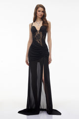 Callirhoe Black Sheer Lace Corset Maxi Dress
