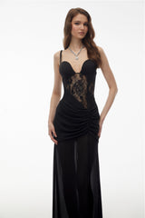 Callirhoe Black Sheer Lace Corset Maxi Dress