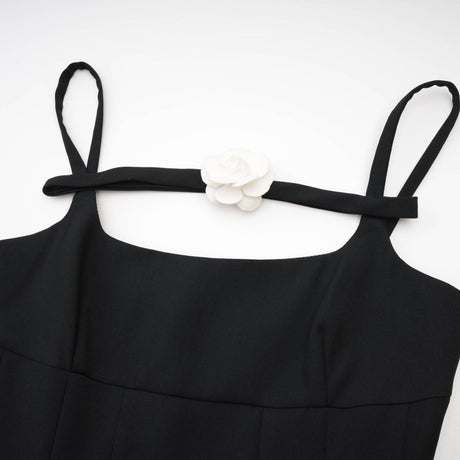 Camellia pleated black mini dress