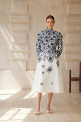Caméo Blue Floral Embroidered Tulle Midi Dress