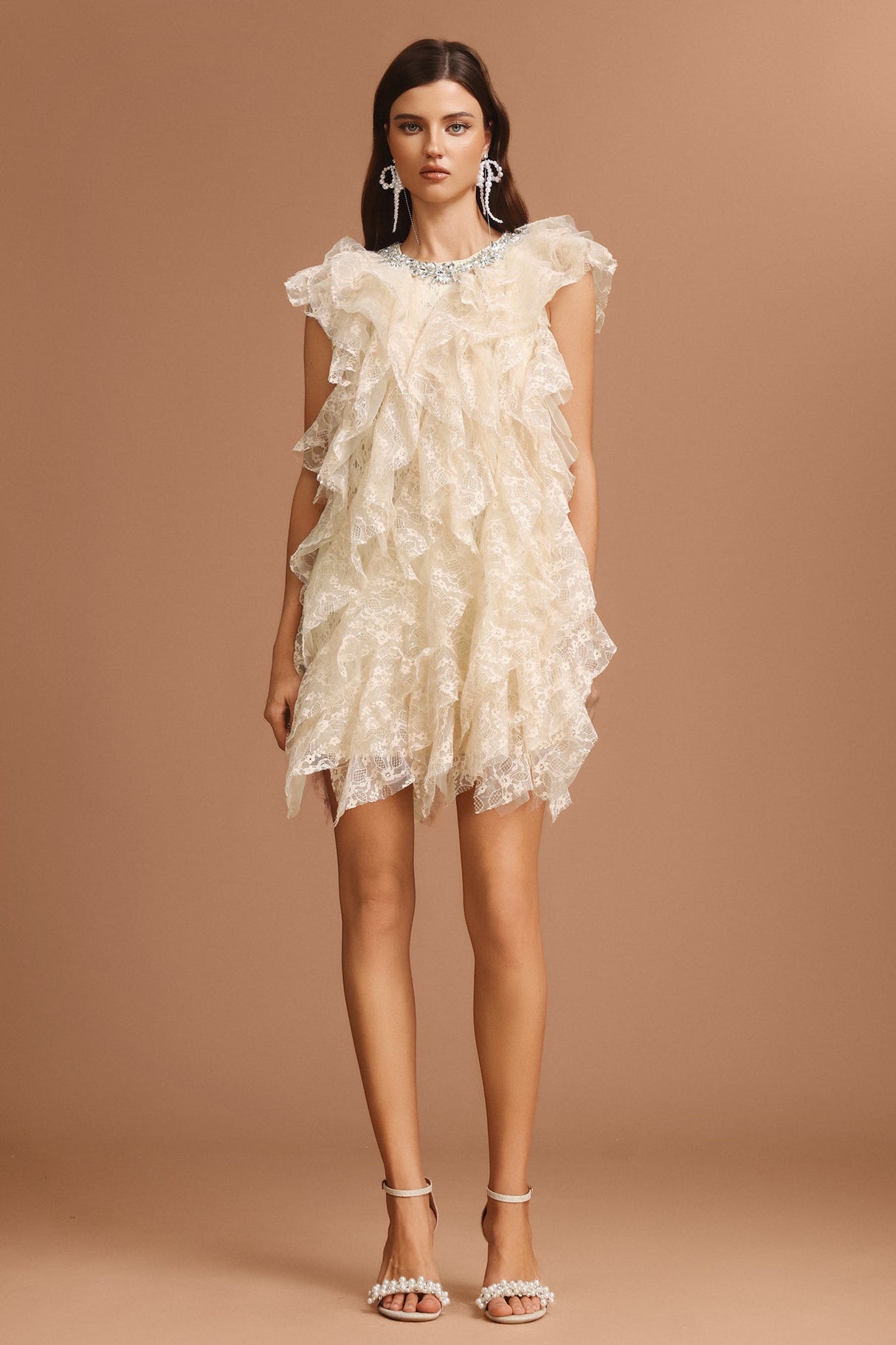 Camila Beige Lace Diamond Detail Mini Dress
