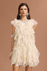 Camila Beige Lace Diamond Detail Sleeveless Ruffled Tiered Mini Dress