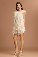 Camila Beige Lace Ruffled Tiered Diamond Detail Sleeveless Mini Dress