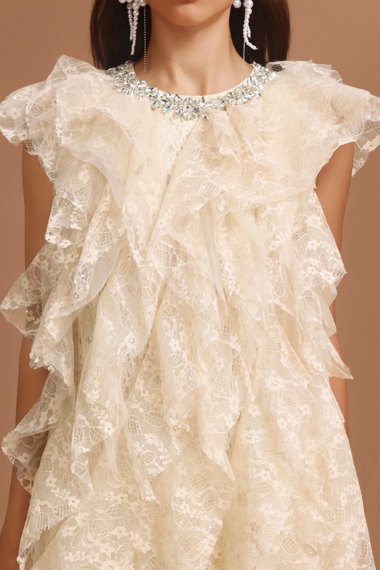 Camila Beige Lace Ruffled Tiered Mini Dress with Diamond Detailing