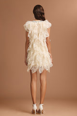 Camila Beige Lace Ruffled Tiered Mini Dress with Diamond Detailing