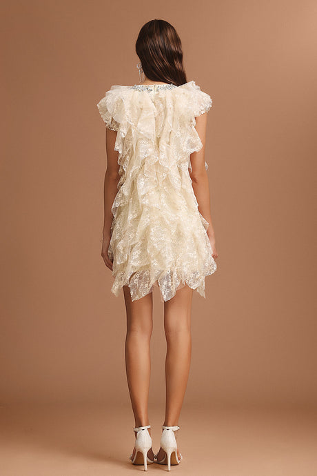Camila Beige Lace Ruffled Tiered Mini Dress with Diamond Detailing
