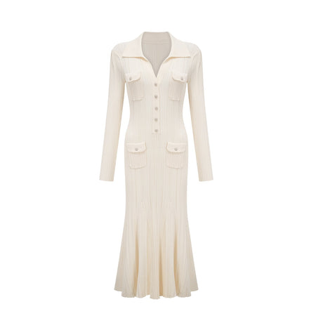 Camila Midi Dress - Ribbed Knit - Lapels and Pockets - Mermaid Hem Design