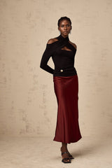 Camilla Flared Hem Skirt - Satin Finish - Twill Weave - Side Zip Fastening - Calf Length