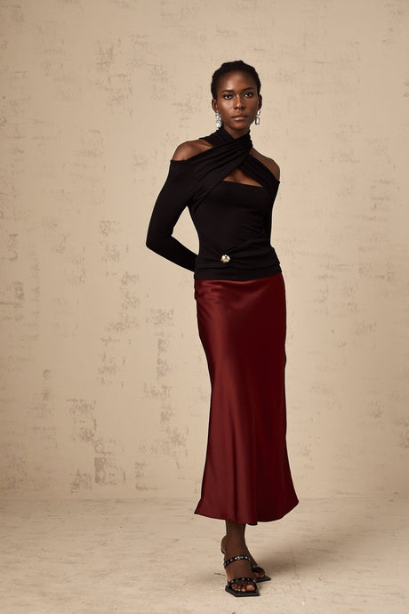 Camilla Flared Hem Skirt - Satin Finish - Twill Weave - Side Zip Fastening - Calf Length