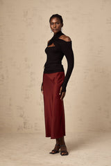 Camilla Flared Hem Skirt - Satin Finish - Twill Weave - Side Zip Fastening - Calf Length