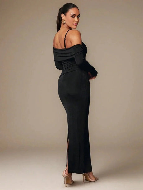 Camilla Maxi Dress - Refined Style - Slim Fit - Long Sleeve - High Stretch Fabric Elasticity - Asymmetrical, Ruched, Split