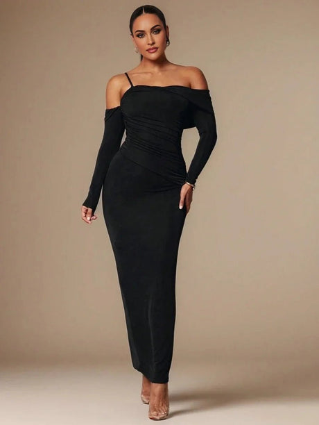 Camilla Maxi Dress - Refined Style - Slim Fit - Long Sleeve - High Stretch Fabric Elasticity - Asymmetrical, Ruched, Split