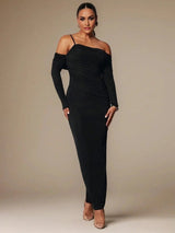 Camilla Maxi Dress - Refined Style - Slim Fit - Long Sleeve - High Stretch Fabric Elasticity - Asymmetrical, Ruched, Split
