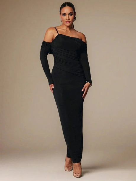 Camilla Maxi Dress - Refined Style - Slim Fit - Long Sleeve - High Stretch Fabric Elasticity - Asymmetrical, Ruched, Split
