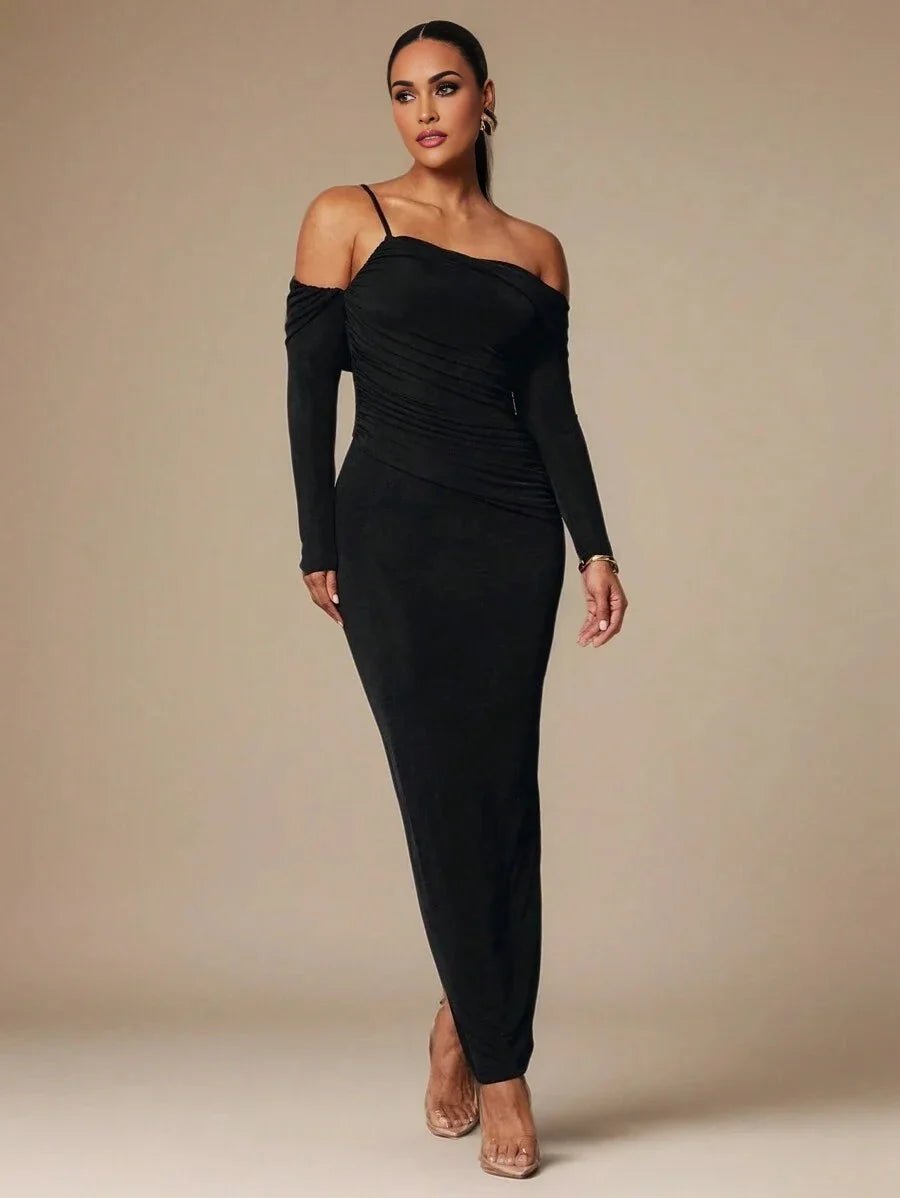 Camilla Maxi Dress - Refined Style - Slim Fit - Long Sleeve - High Stretch Fabric Elasticity - Asymmetrical, Ruched, Split