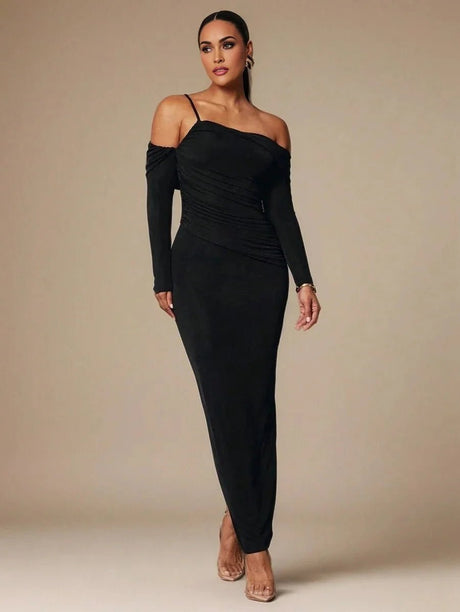Camilla Maxi Dress - Refined Style - Slim Fit - Long Sleeve - High Stretch Fabric Elasticity - Asymmetrical, Ruched, Split