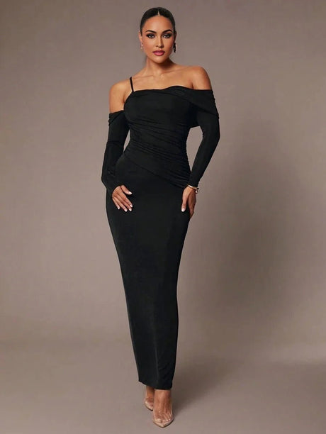 Camilla Maxi Dress - Refined Style - Slim Fit - Long Sleeve - High Stretch Fabric Elasticity - Asymmetrical, Ruched, Split