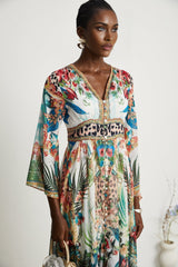 Camilla Midi Dress - Long Sleeves - Deep V - Neckline - All - over Graphic - Crystal Embellishment