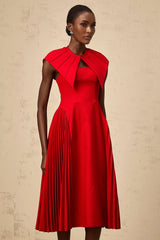 Camilla Midi Dress Red Pleated Cape & Spaghetti Straps
