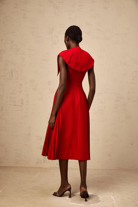 Camilla Midi Dress Red Pleated Cape & Spaghetti Straps