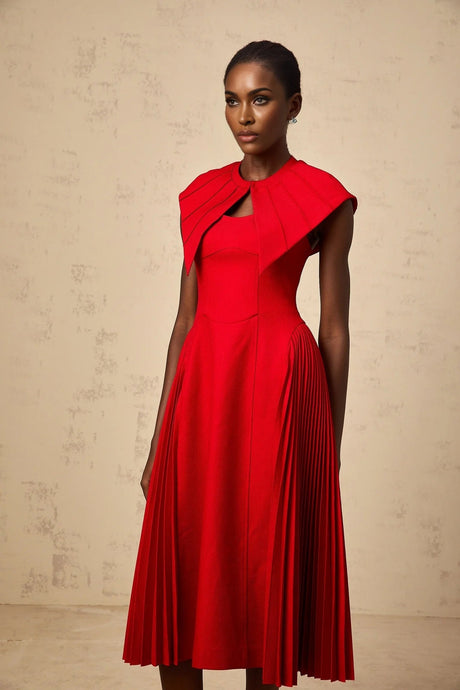 Camilla Midi Dress Red Pleated Cape & Spaghetti Straps