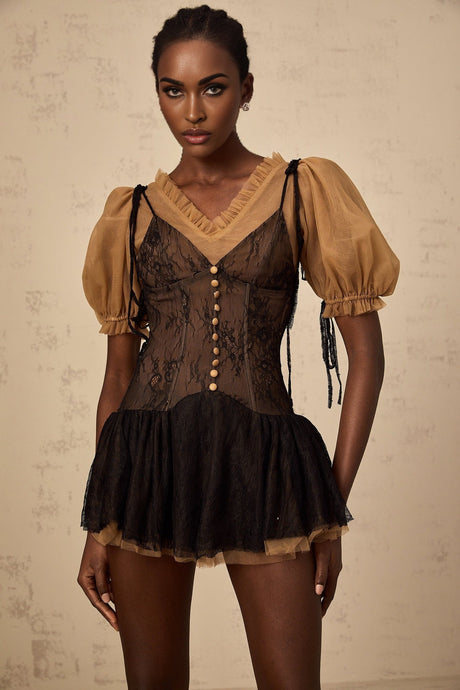 Camilla Mini Dress - V - neck - Short puff sleeves - Self - tie & Boned Bodice - Ruffled & Pleated Details